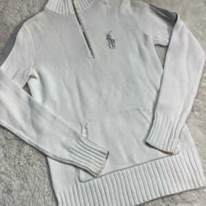 VINTAGE POLO RALPH LAUREN WOMENS XS WHITE COTTON RIBBED 1/4 ZIP SWEATER #471